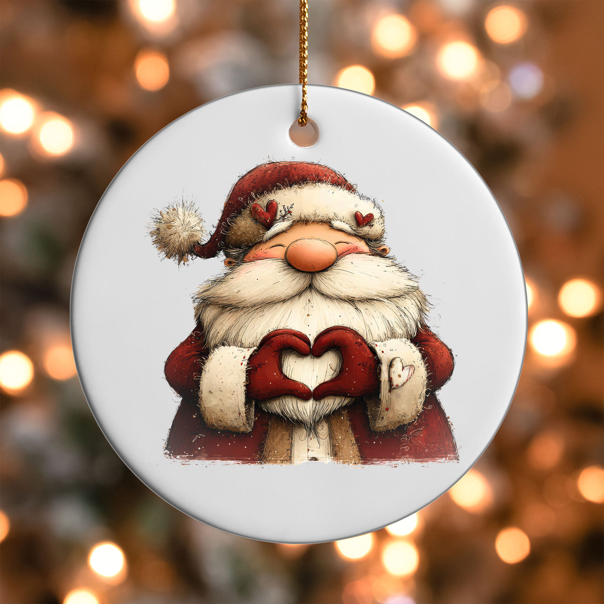 Cute Santa making heart hands ornament UV DTF transfer on a round white ornament with a bokeh light background