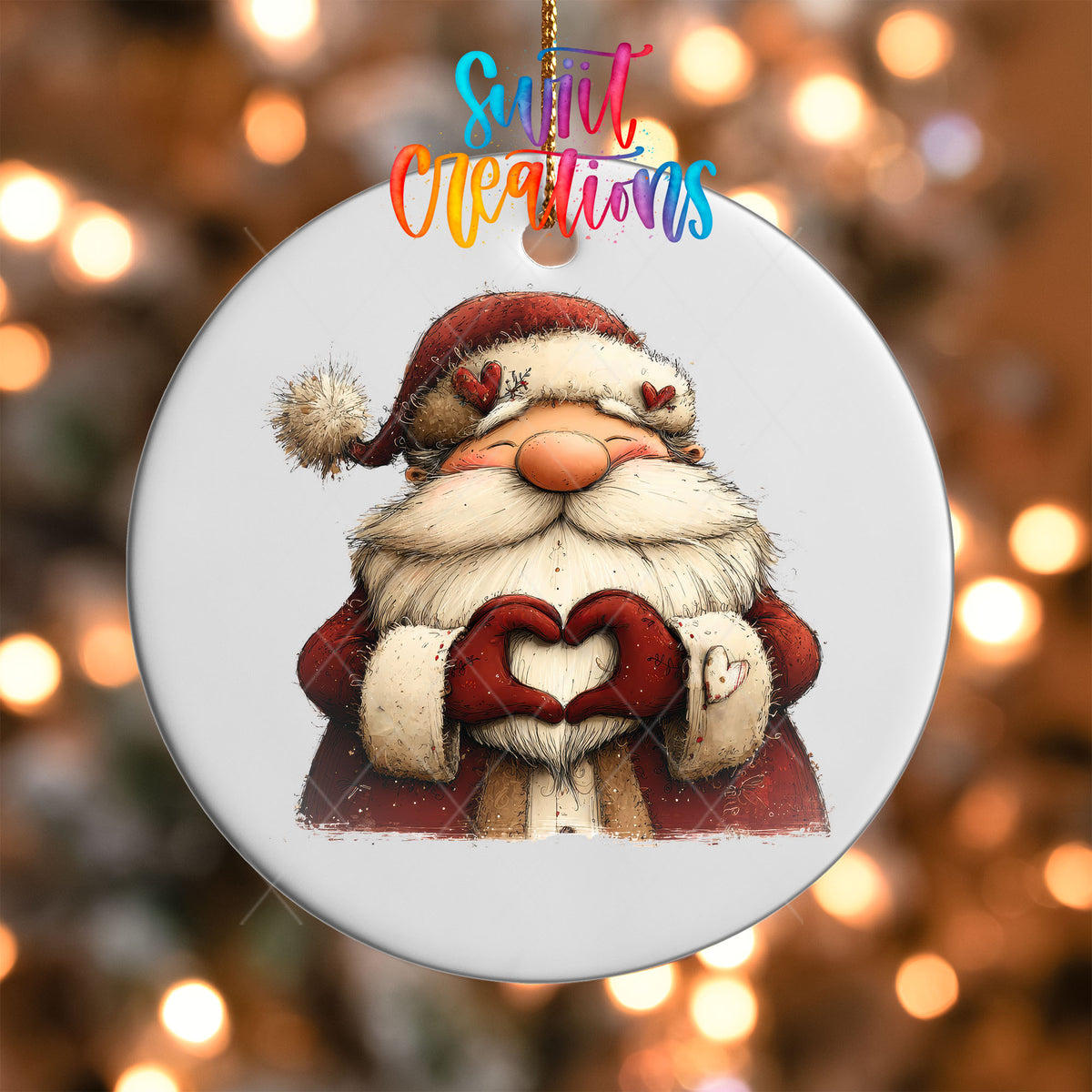 Close-up of the Cute Santa making heart hands UV DTF transfer on a round white ornament