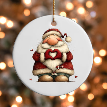 Cute standing Santa making heart hands ornament UV DTF transfer on a round white ornament with a bokeh light background