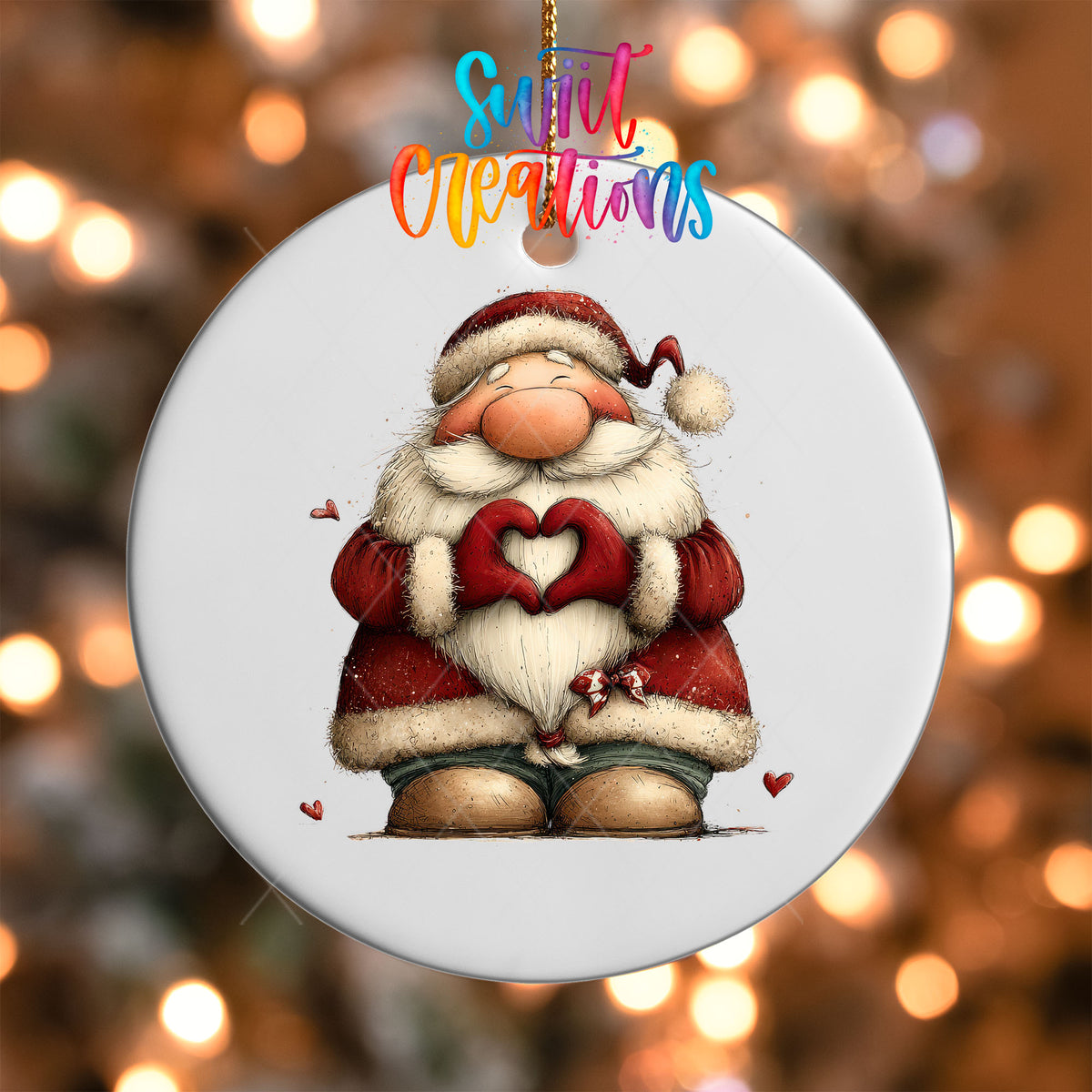 Close-up of the Cute standing Santa making heart hands UV DTF transfer on a round white ornament
