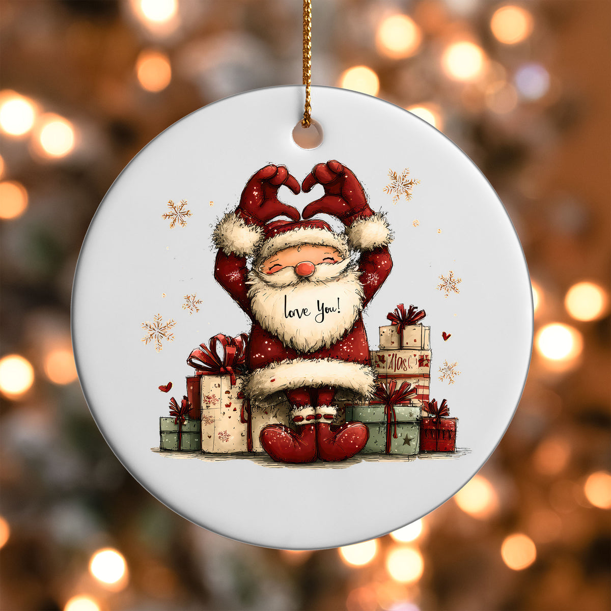 Cute Santa with Love You on his beard ornament UV DTF transfer on a round white ornament with a bokeh light background