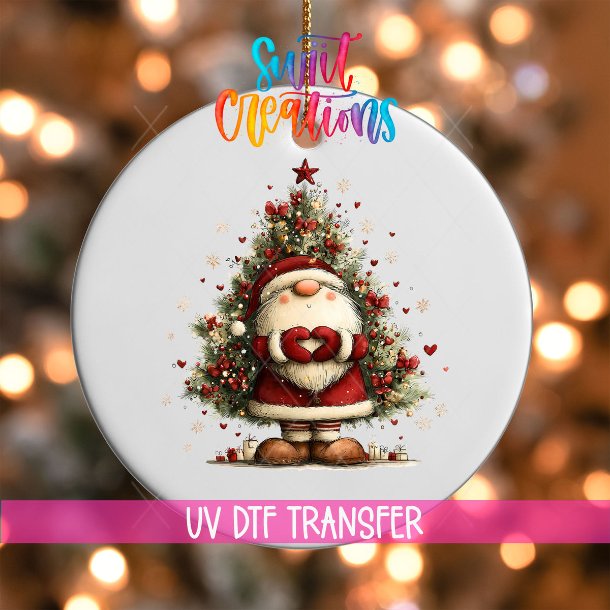 Cute Santa with heart hands in front of a Christmas tree UV DTF transfer on a white ornament with a pink UV DTF Transfer banner and bokeh lights