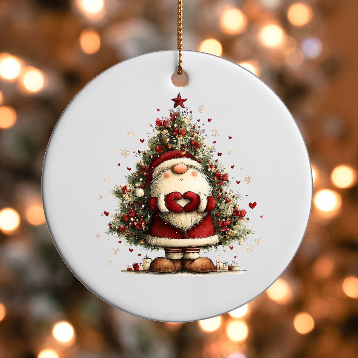 Cute Santa with heart hands in front of a Christmas tree ornament UV DTF transfer on a round white ornament with a bokeh light background