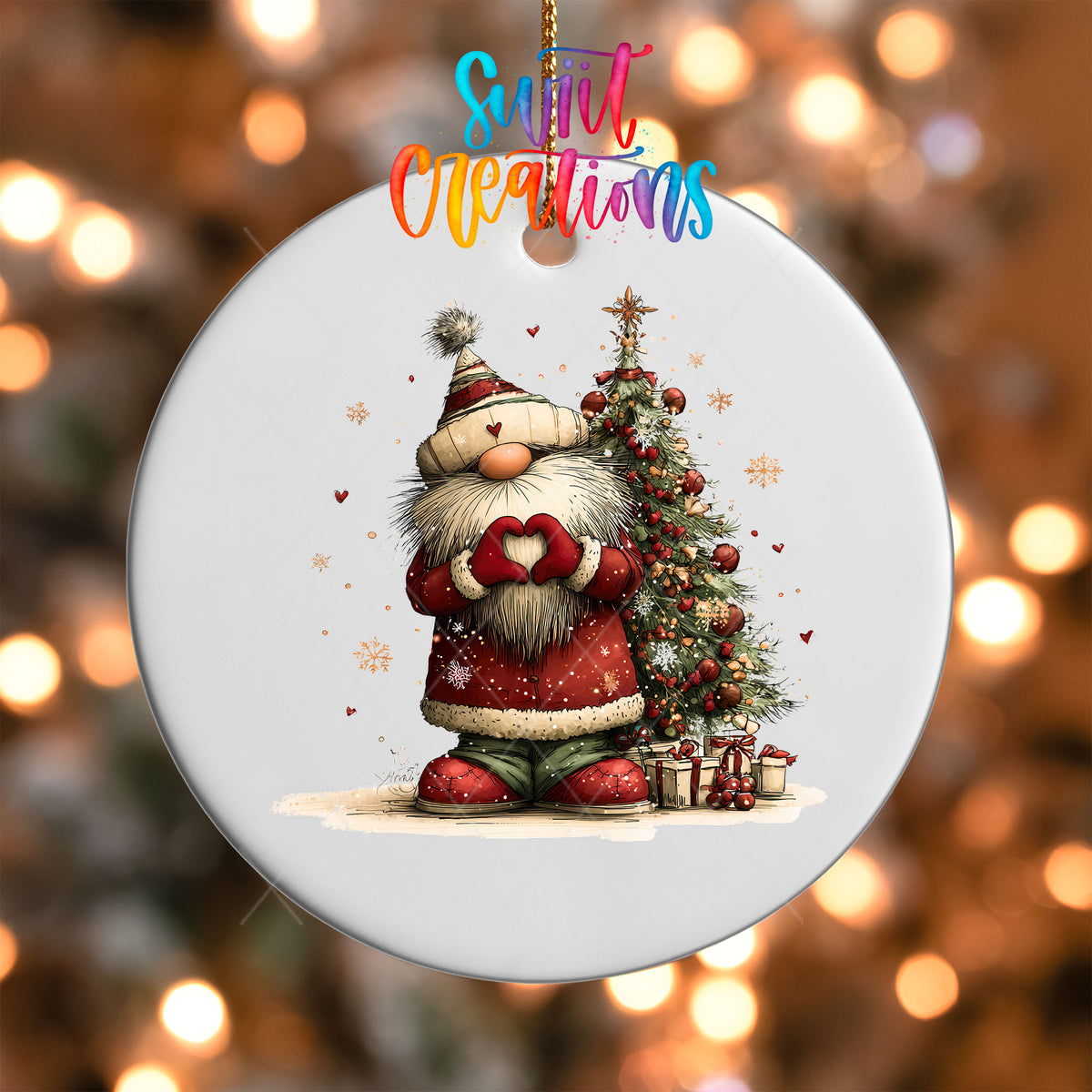 Close-up of the Cute Santa in a knit hat beside a Christmas tree UV DTF transfer on a round white ornament