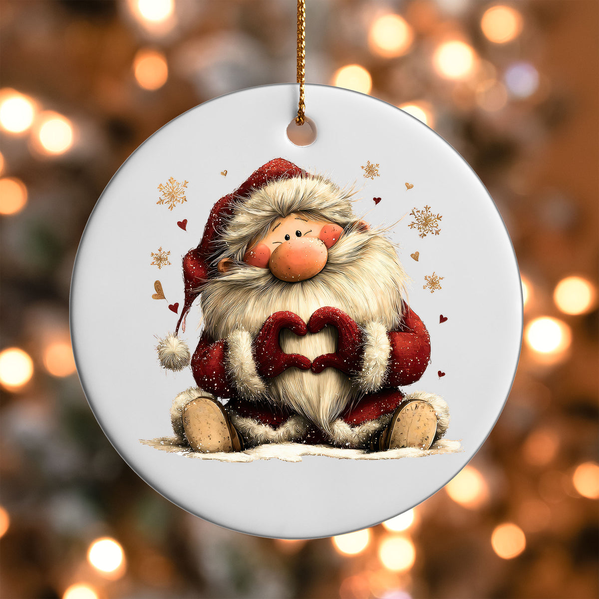 Cute sitting Santa making heart hands ornament UV DTF transfer on a round white ornament with a bokeh light background