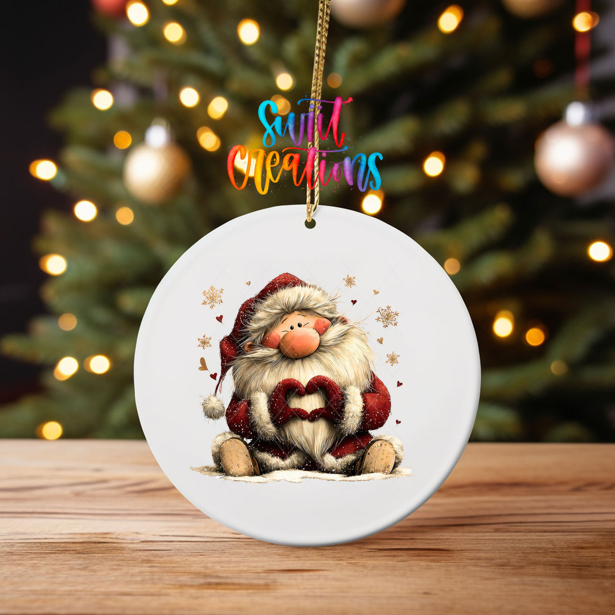 Cute sitting Santa making heart hands ornament UV DTF transfer on an ornament on a wooden table with tree lights behind it
