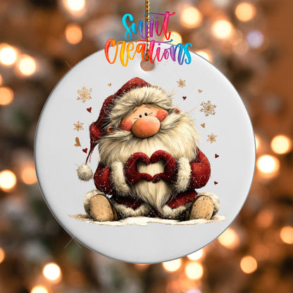 Close-up of the Cute sitting Santa making heart hands UV DTF transfer on a round white ornament