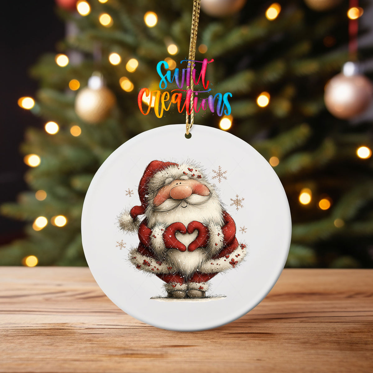 Cute fluffy beard Santa making heart hands ornament UV DTF transfer on an ornament on a wooden table with tree lights behind it