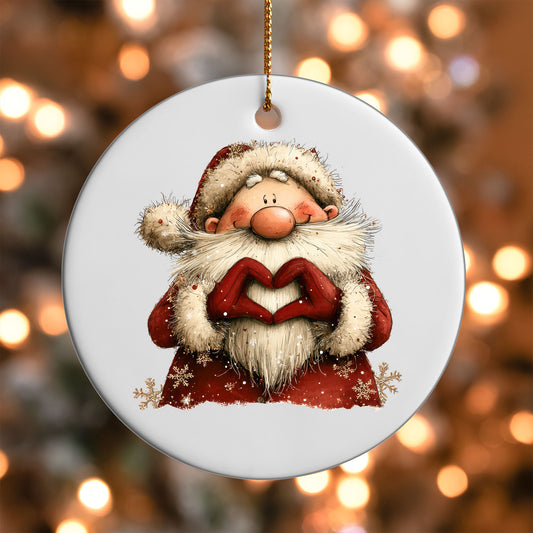 Cute Santa in a snowflake coat making heart hands ornament UV DTF transfer on a round white ornament with a bokeh light background