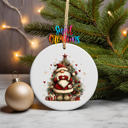 Cute Santa with a letter in front of a Christmas tree ornament UV DTF transfer on a hanging ornament with pine branches and a gold bauble