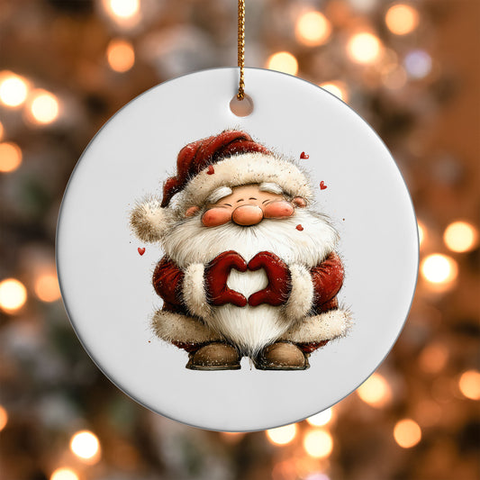 Cute smiling Santa making heart hands ornament UV DTF transfer on a round white ornament with a bokeh light background