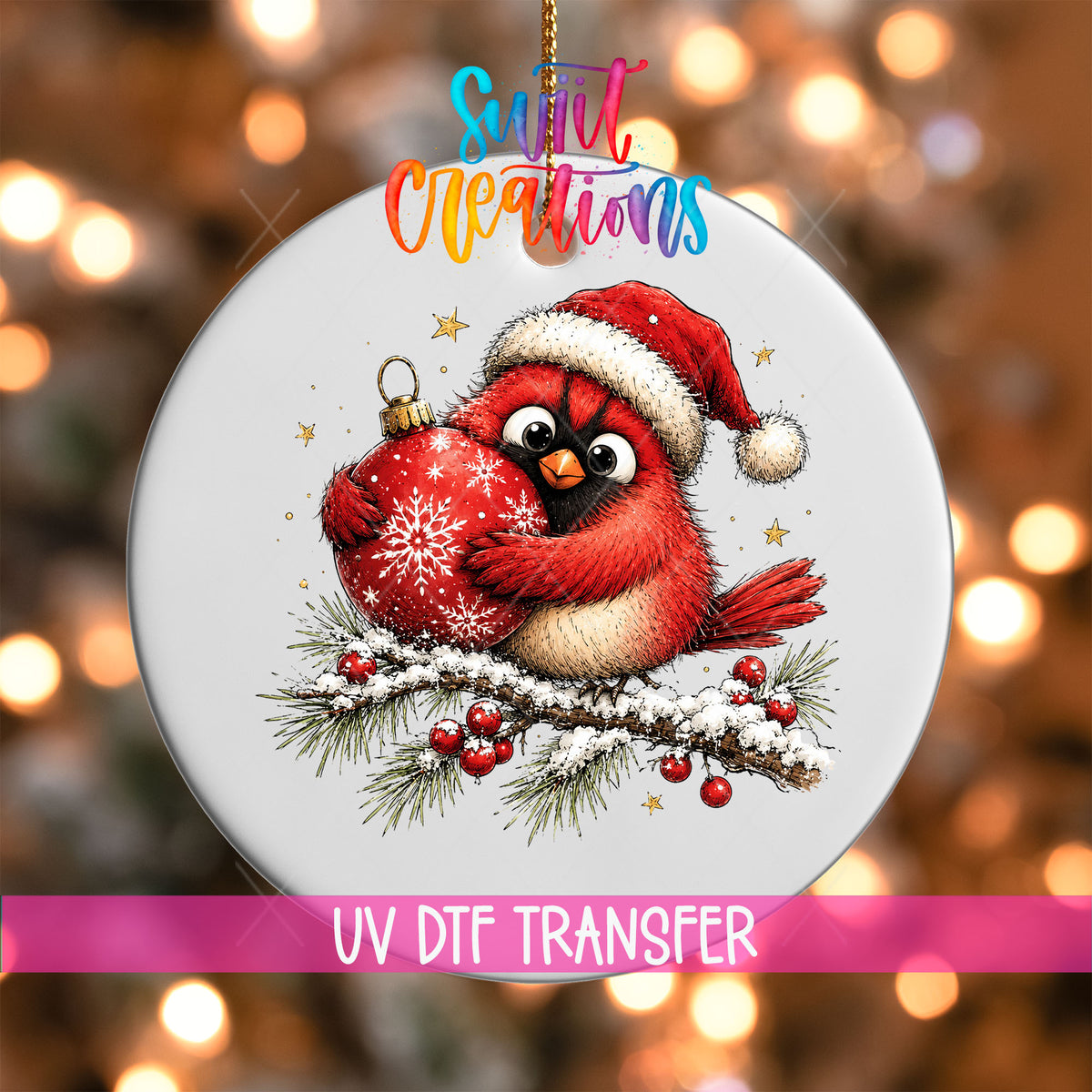 Santa hat cardinal hugging an ornament UV DTF transfer on a white ornament with a pink UV DTF Transfer banner