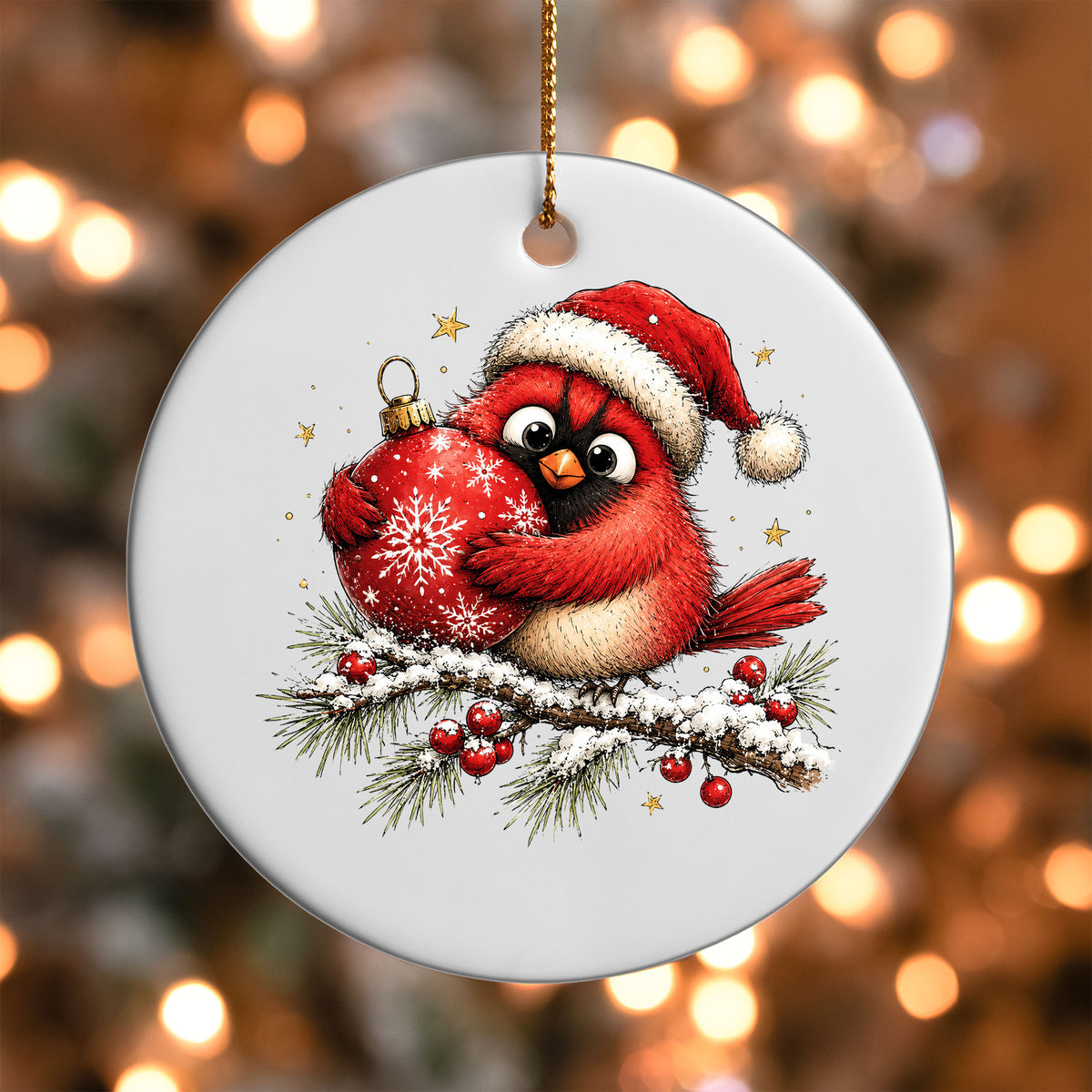 Santa hat cardinal hugging an ornament UV DTF transfer on a white ornament with bokeh lights