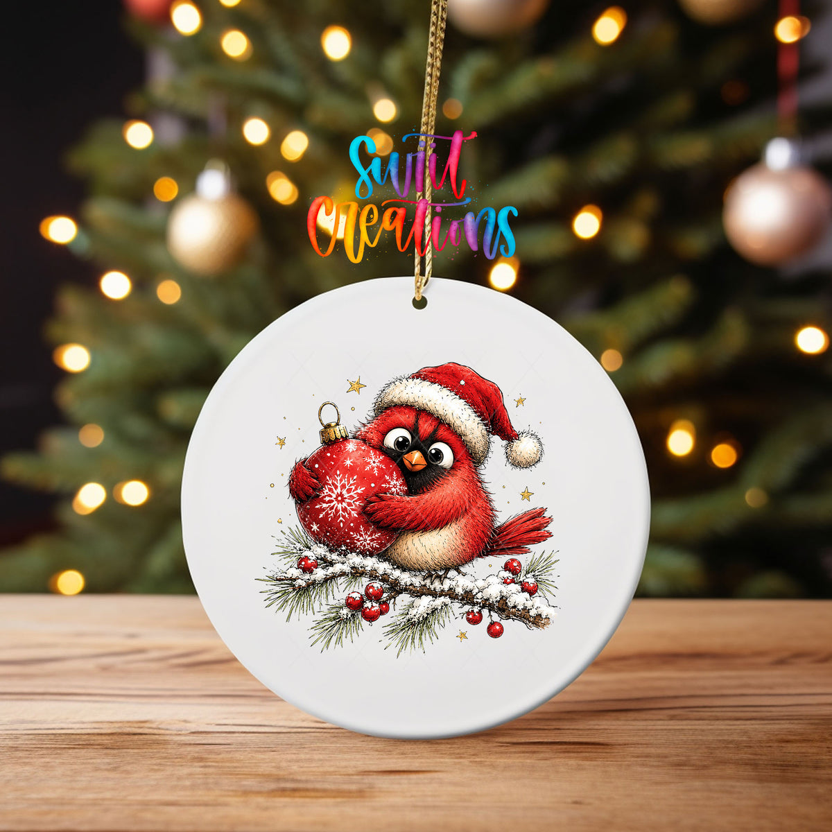 Santa hat cardinal hugging an ornament UV DTF transfer on an ornament on a wooden table with tree lights