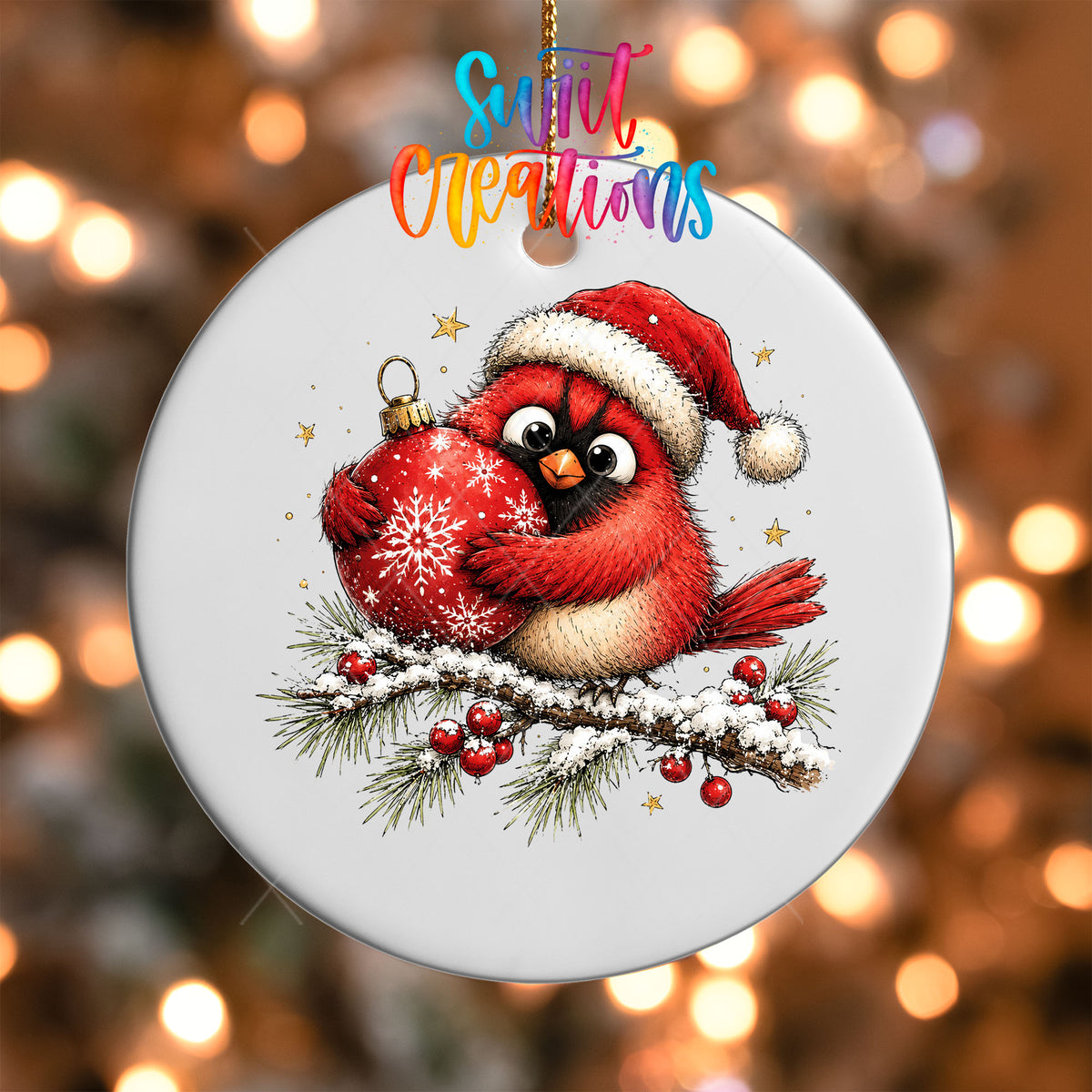 Close-up of the Santa hat cardinal hugging an ornament UV DTF transfer on a white ornament