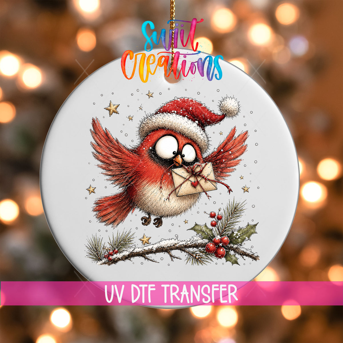 Flying cardinal with a heart envelope UV DTF transfer on a white ornament with a pink UV DTF Transfer banner