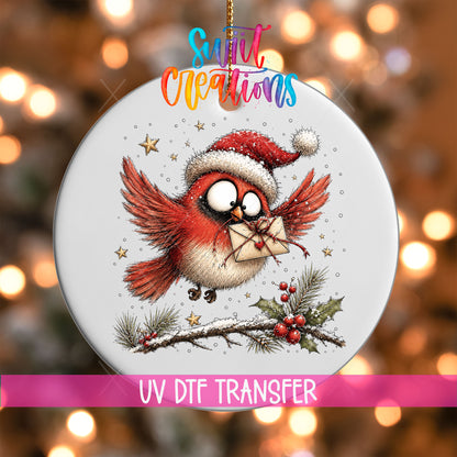 Flying cardinal with a heart envelope UV DTF transfer on a white ornament with a pink UV DTF Transfer banner