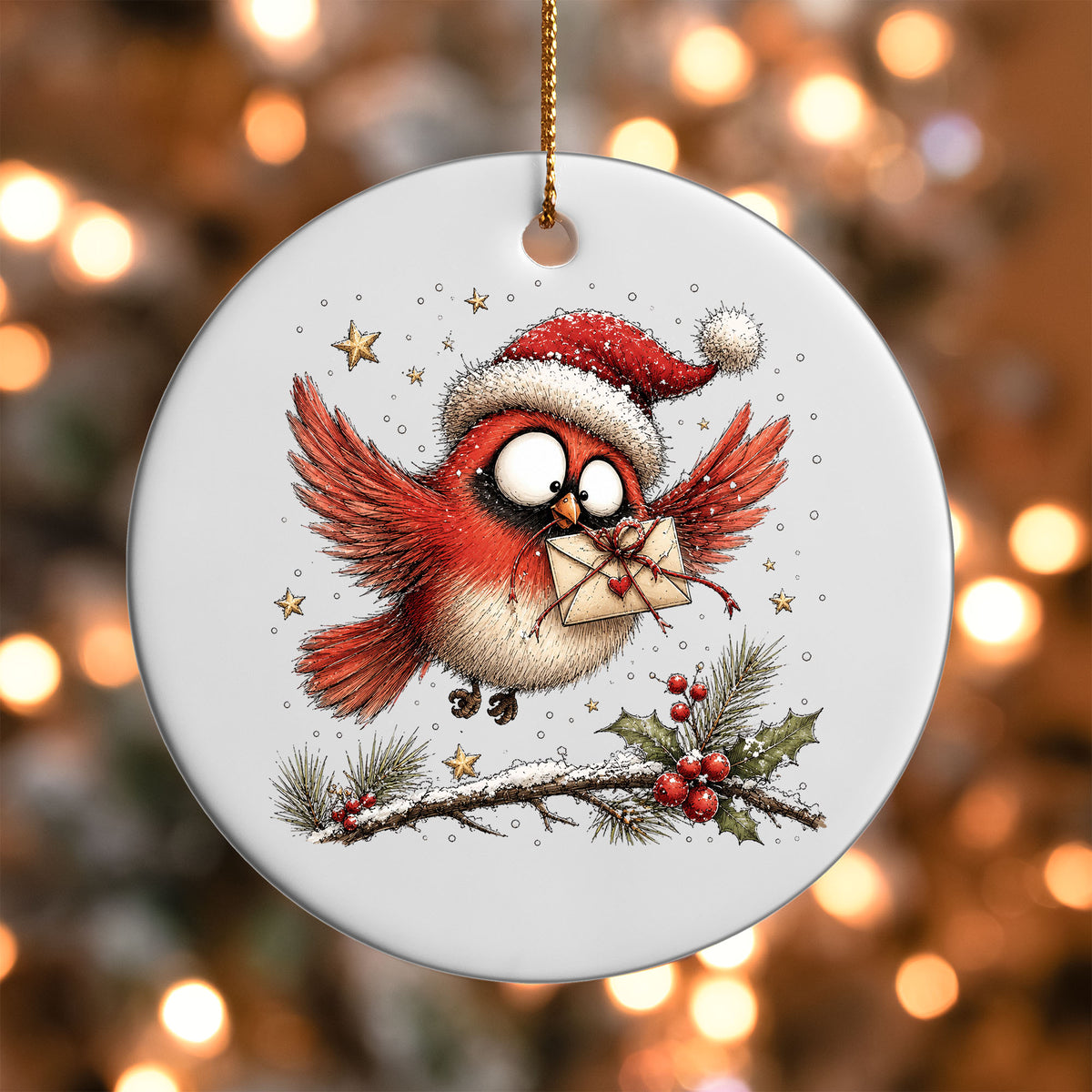 Flying cardinal with a heart envelope UV DTF transfer on a white ornament with bokeh lights