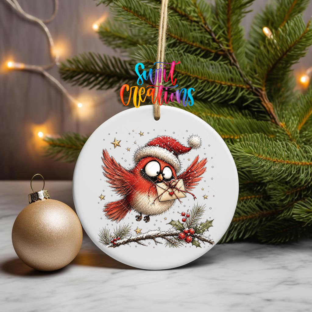 Flying cardinal with a heart envelope UV DTF transfer on an ornament beside a gold bauble and pine