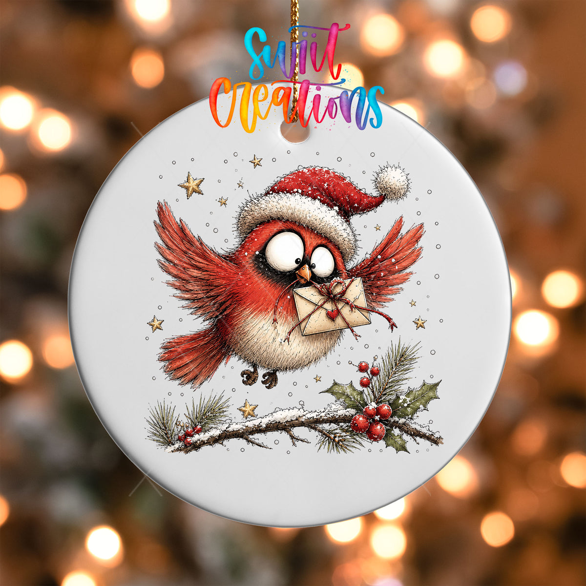 Close-up of the flying cardinal with a heart envelope UV DTF transfer on a white ornament