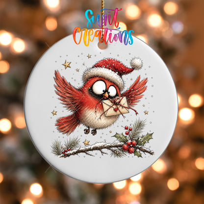 Close-up of the flying cardinal with a heart envelope UV DTF transfer on a white ornament