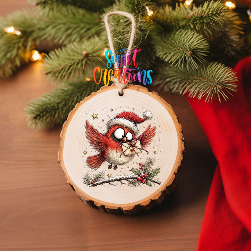 Flying cardinal with a heart envelope UV DTF transfer on a wood slice ornament with pine and a red stocking