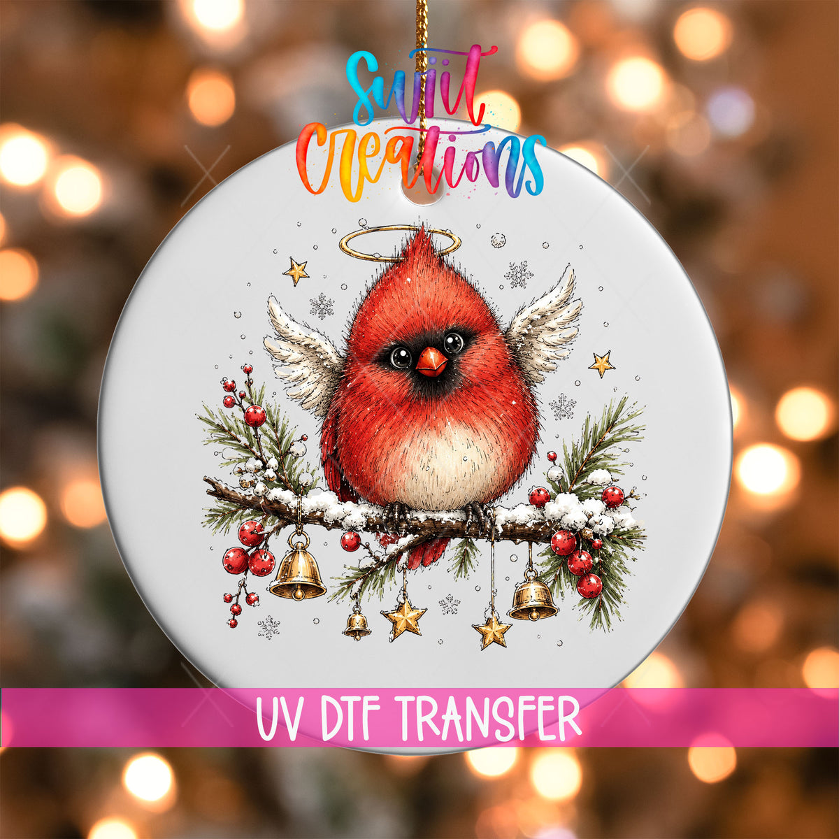 Angel cardinal with halo and wings UV DTF transfer on a white ornament with a pink UV DTF Transfer banner