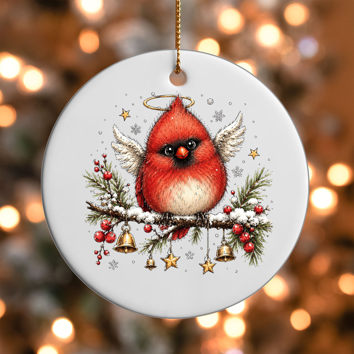 Angel cardinal with halo and wings UV DTF transfer on a white ornament with bokeh lights