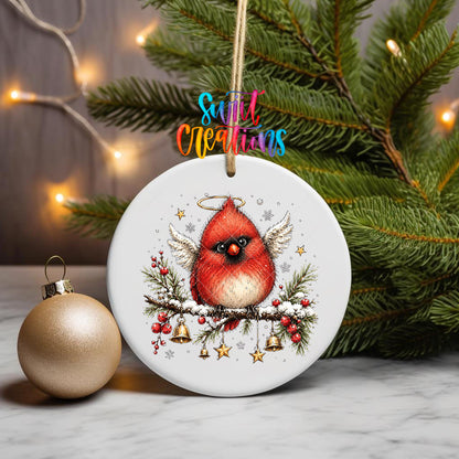 Angel cardinal with halo and wings UV DTF transfer on an ornament beside a gold bauble and pine
