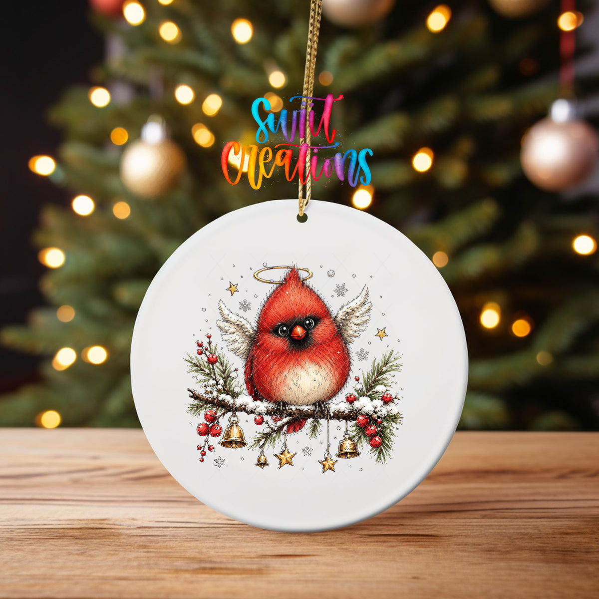 Angel cardinal with halo and wings UV DTF transfer on an ornament on a wooden table with tree lights