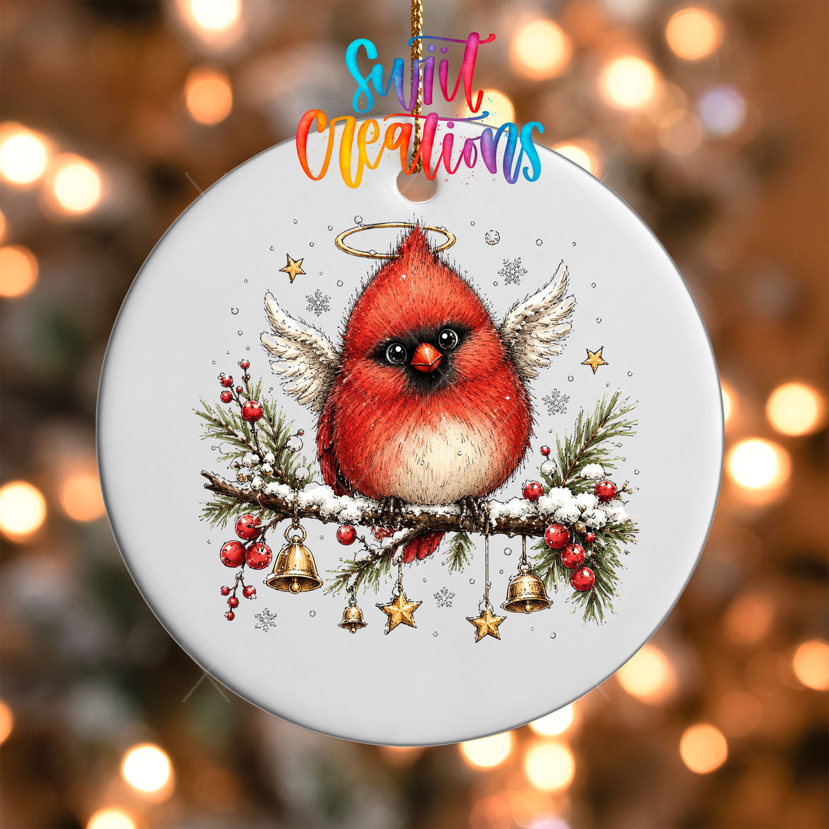 Close-up of the angel cardinal with halo and wings UV DTF transfer on a white ornament