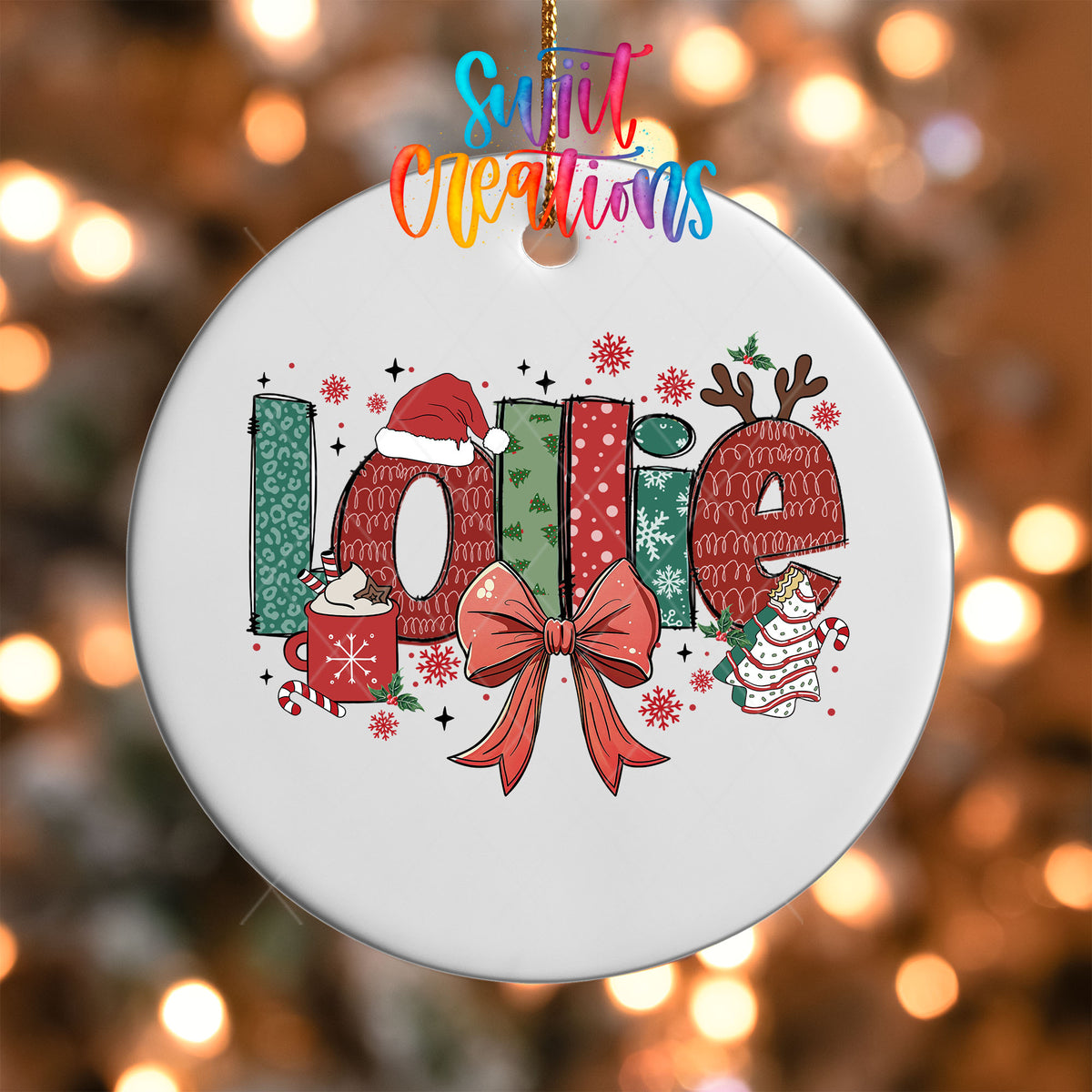 Close-up of the Lollie grandma name UV DTF transfer with a Santa hat, antlers, and red coquette bow on a white ornament