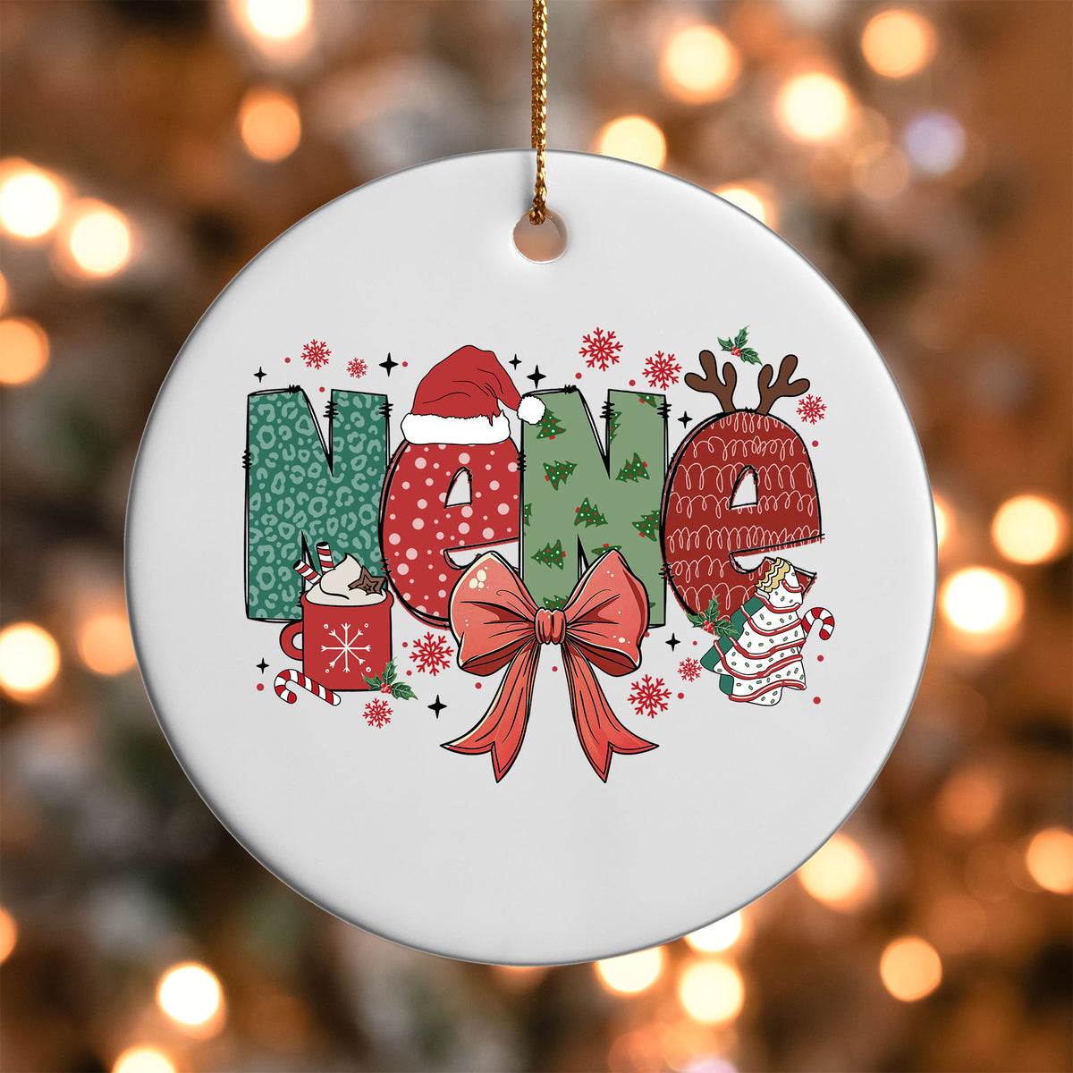 Nene grandma name UV DTF transfer on a white ornament with bokeh lights