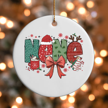 Nene grandma name UV DTF transfer on a white ornament with bokeh lights