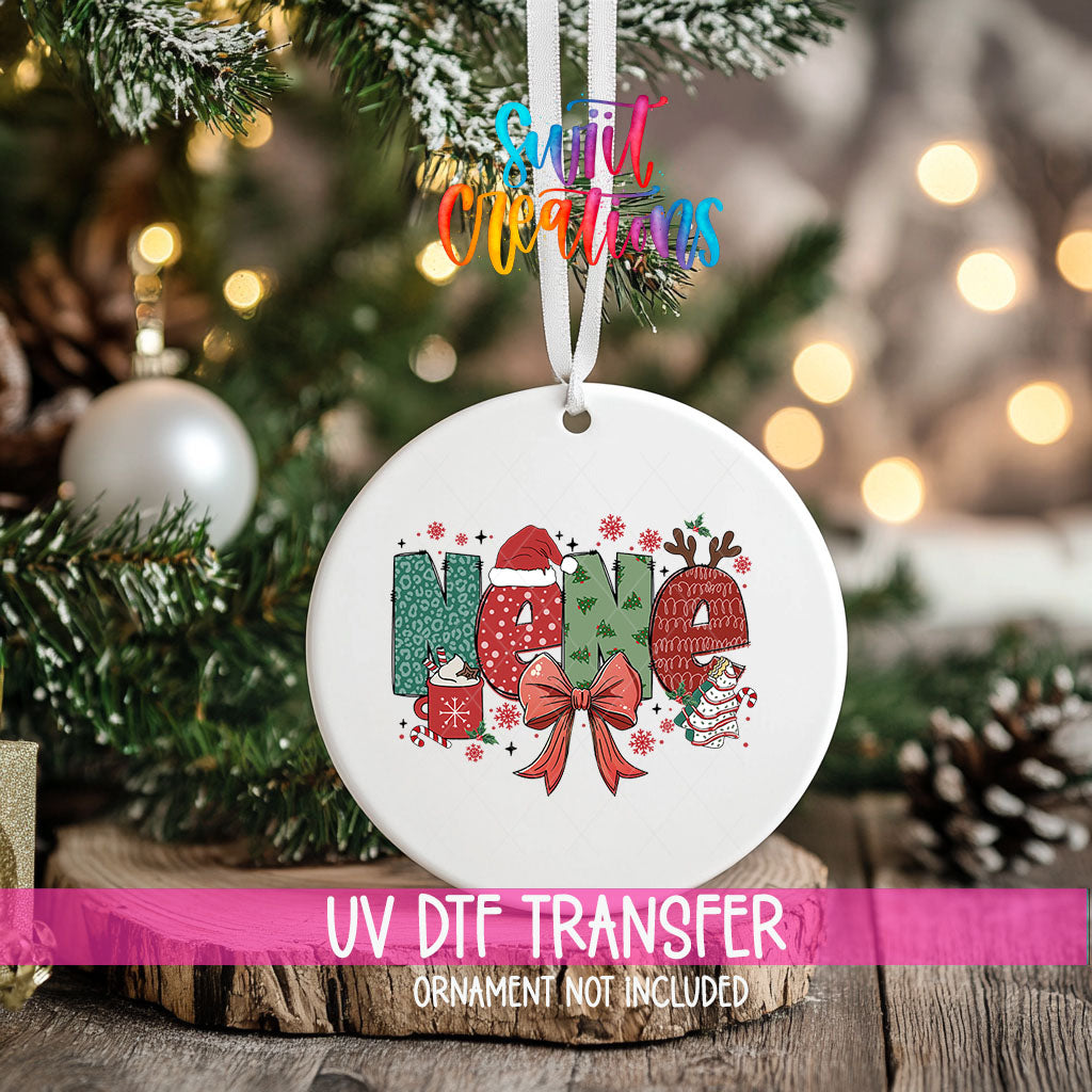 Nene grandma name UV DTF transfer on a hanging ornament above a wood slice with pinecones and a UV DTF Transfer banner