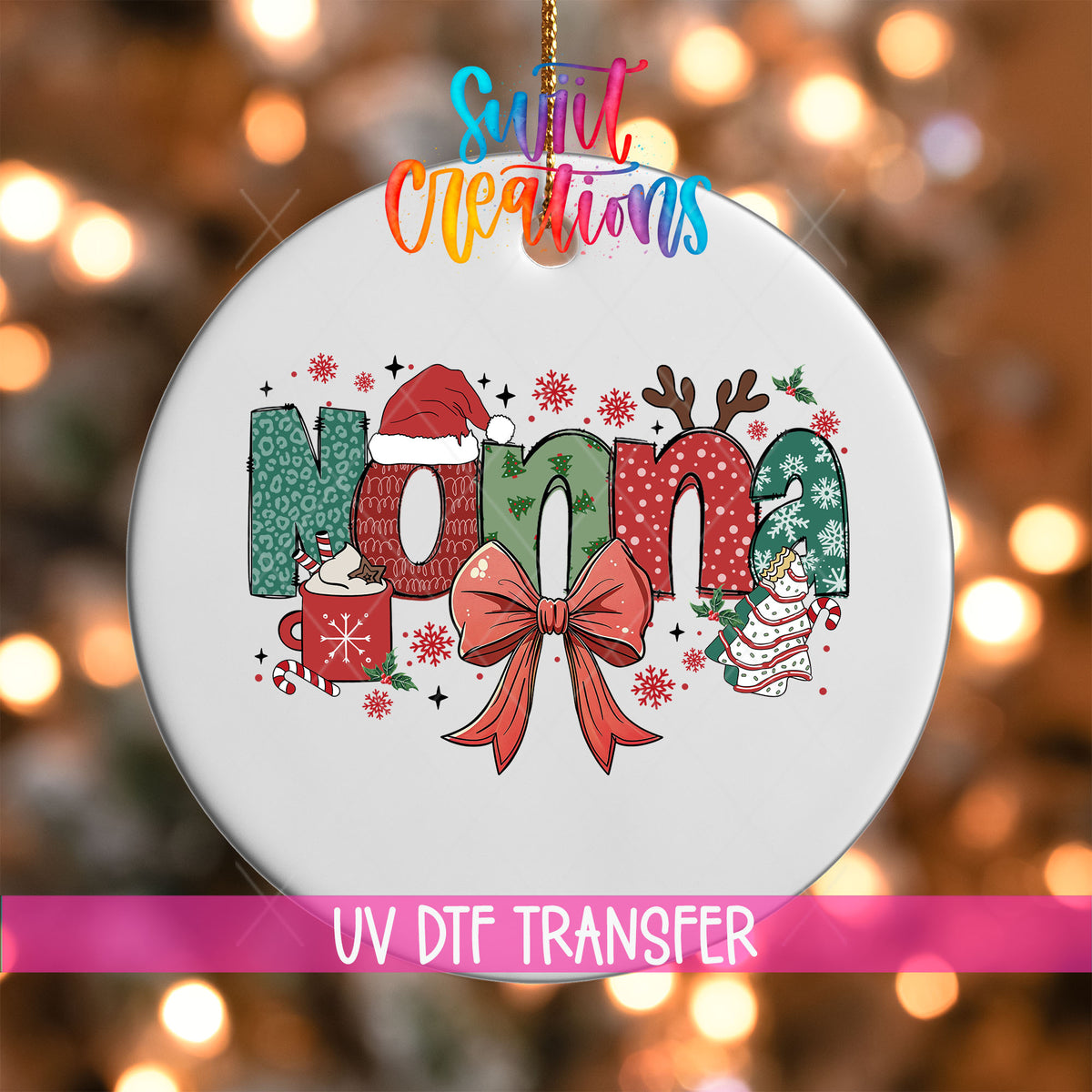 Nonna grandma name UV DTF transfer on a white ornament with a pink UV DTF Transfer banner