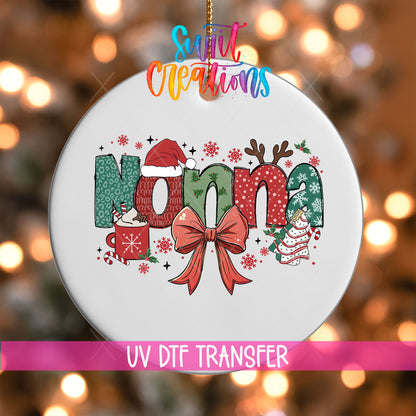 Nonna grandma name UV DTF transfer on a white ornament with a pink UV DTF Transfer banner