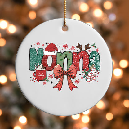 Nonna grandma name UV DTF transfer on a white ornament with bokeh lights