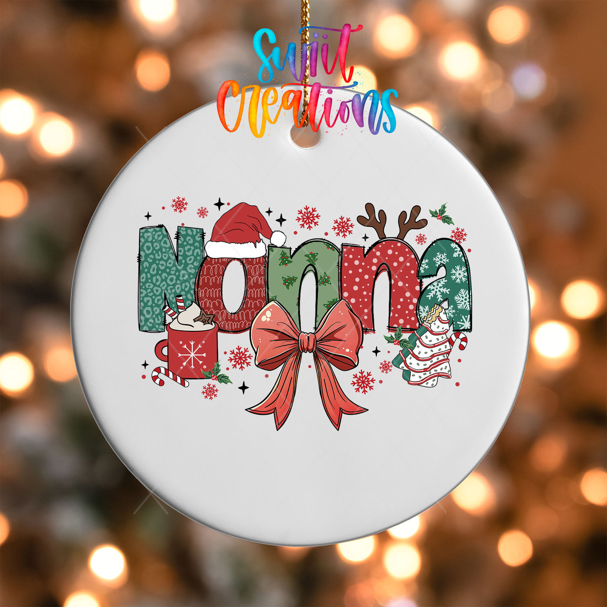 Close-up of the Nonna grandma name UV DTF transfer with a Santa hat, antlers, and red coquette bow on a white ornament