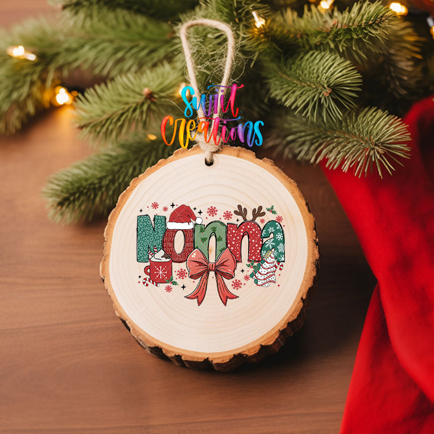Nonna grandma name UV DTF transfer on a wood slice ornament with pine and a red stocking