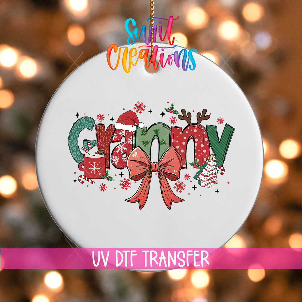Granny grandma name UV DTF transfer on a white ornament with a pink UV DTF Transfer banner