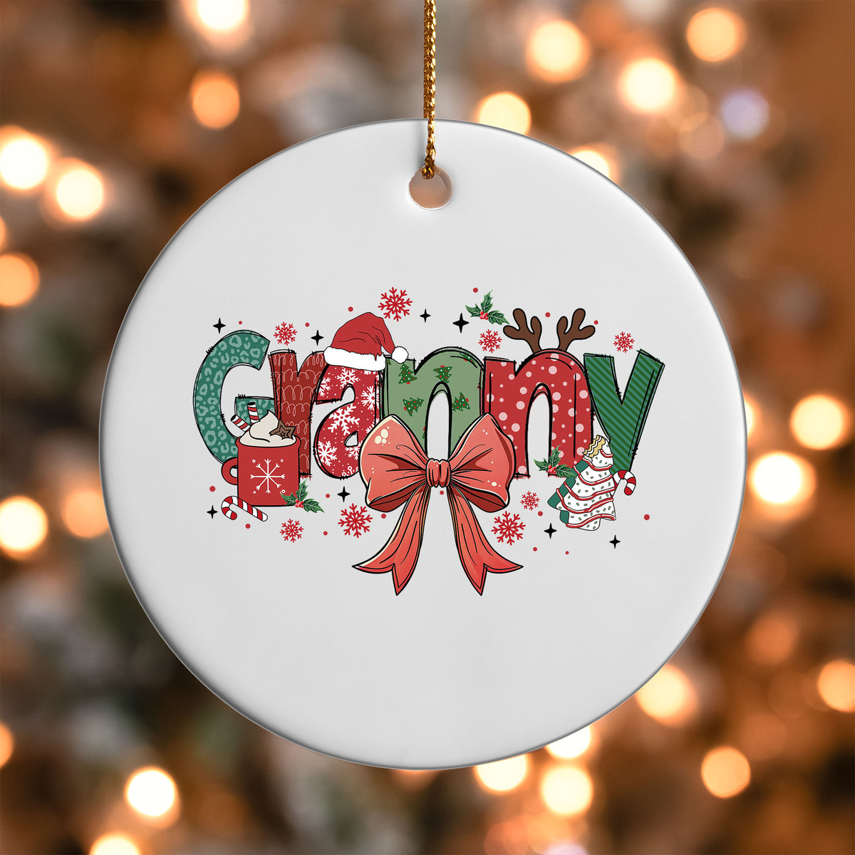 Granny grandma name UV DTF transfer on a white ornament with bokeh lights