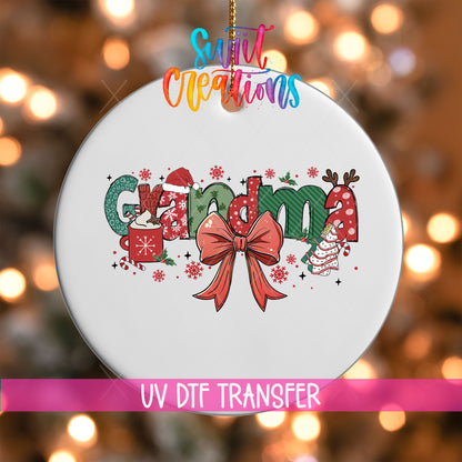 Grandma UV DTF transfer on a white ornament with a pink UV DTF Transfer banner
