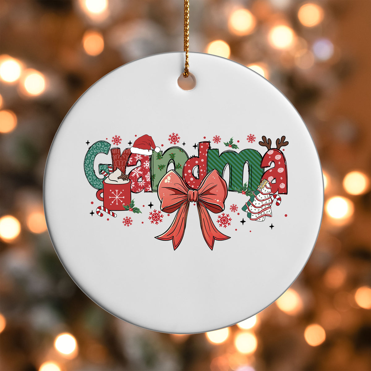 Grandma UV DTF transfer on a white ornament with bokeh lights