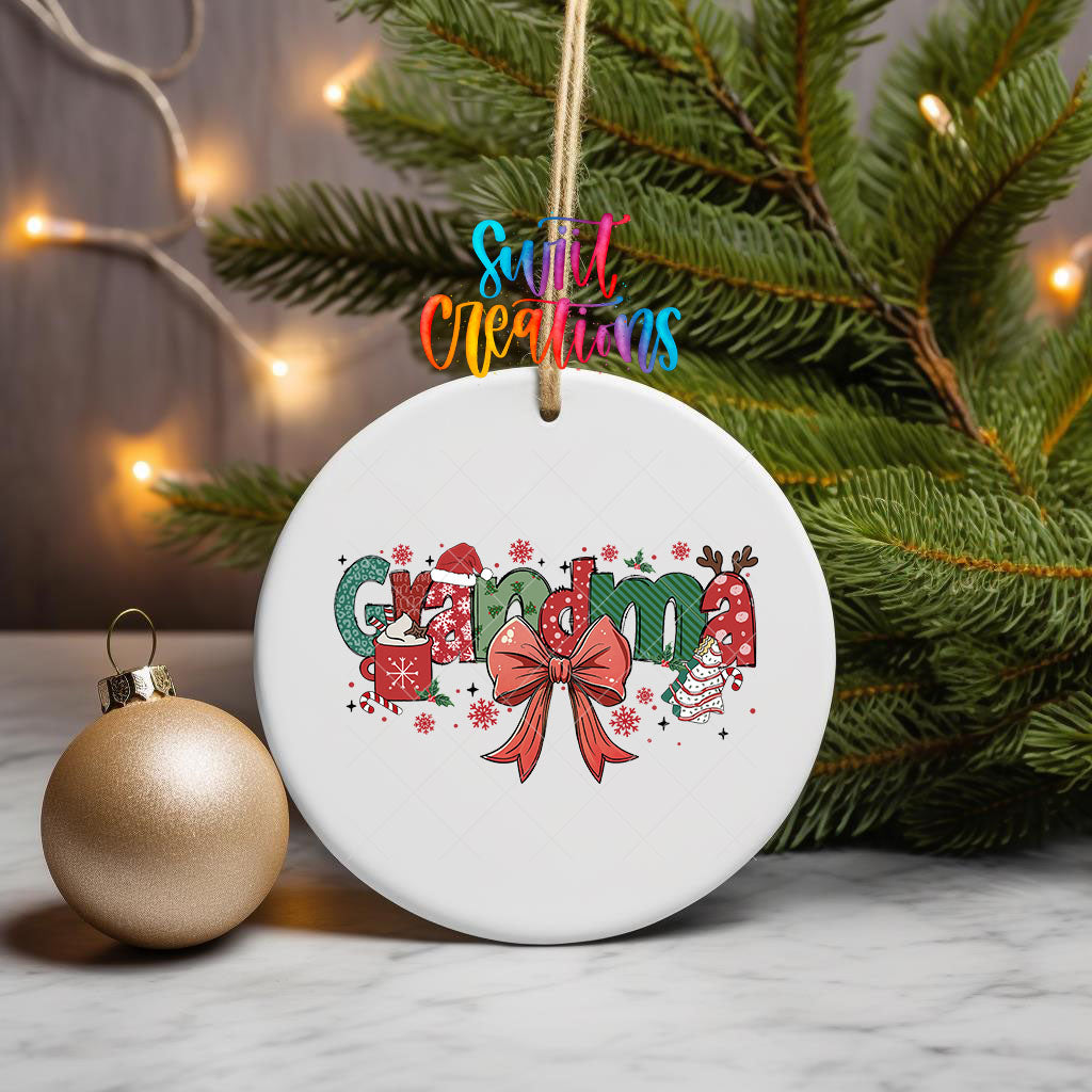 Grandma UV DTF transfer on an ornament hanging from pine branches beside a gold bauble