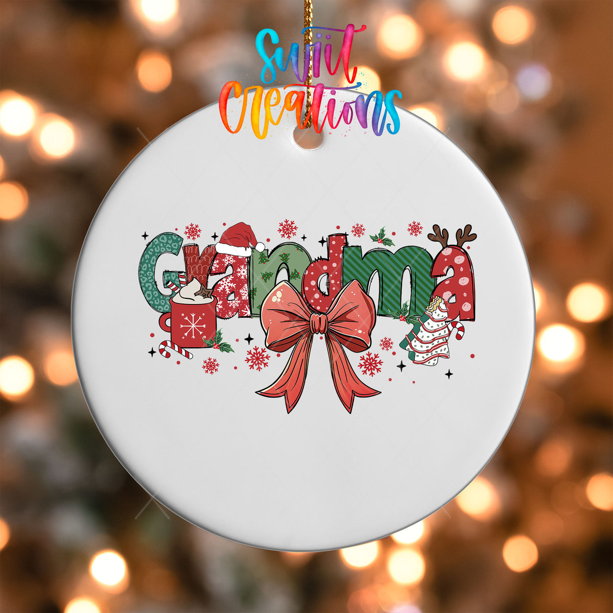 Close-up of the Grandma UV DTF transfer with a Santa hat, antlers, and red coquette bow on a white ornament