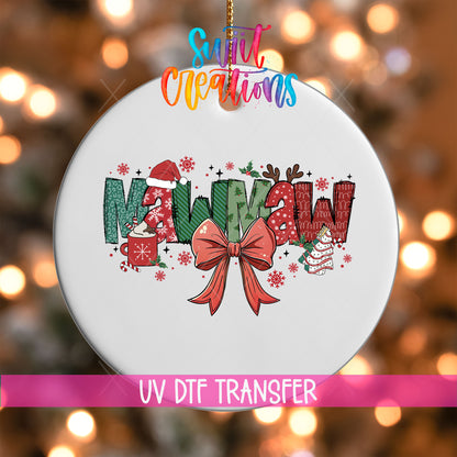 Mawmaw grandma name UV DTF transfer on a white ornament with a pink UV DTF Transfer banner