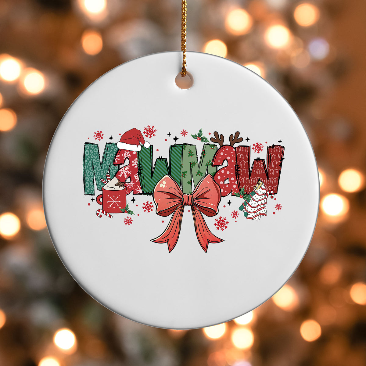 Mawmaw grandma name UV DTF transfer on a white ornament with bokeh lights