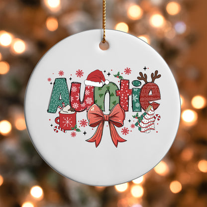 Auntie UV DTF transfer on a white ornament with bokeh lights