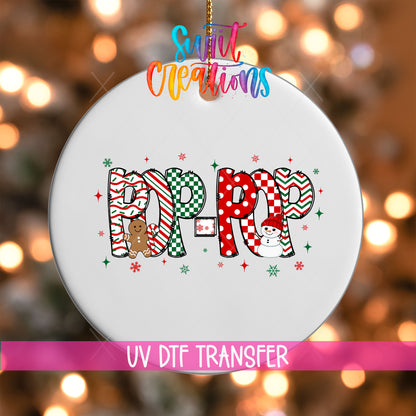 Pop-Pop grandpa name UV DTF transfer on a white ornament with a pink UV DTF Transfer banner
